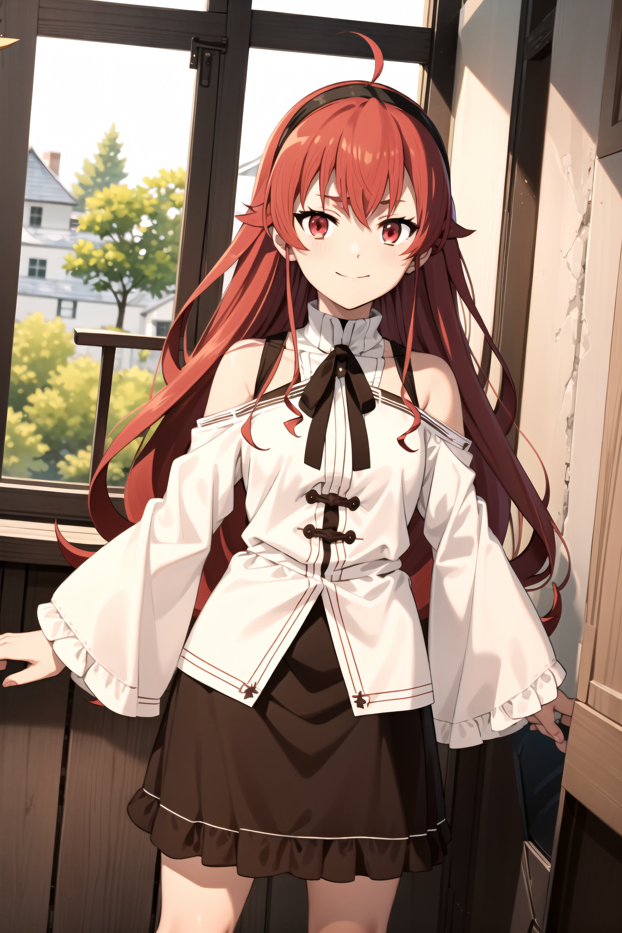 best quality, (masterpiece:1.2), detailed,<lora:chara_MushokuTensei_ErisBoreasGreyrat:0.8>, eris boreas greyrat,closed mouth, light smile,long hair, red hair, ahoge, red eyes, black hairband,white dress, bare shoulders, neck ribbon, black ribbon, brown skirt, long sleeves,standing, looking at the viewer,indoors, window