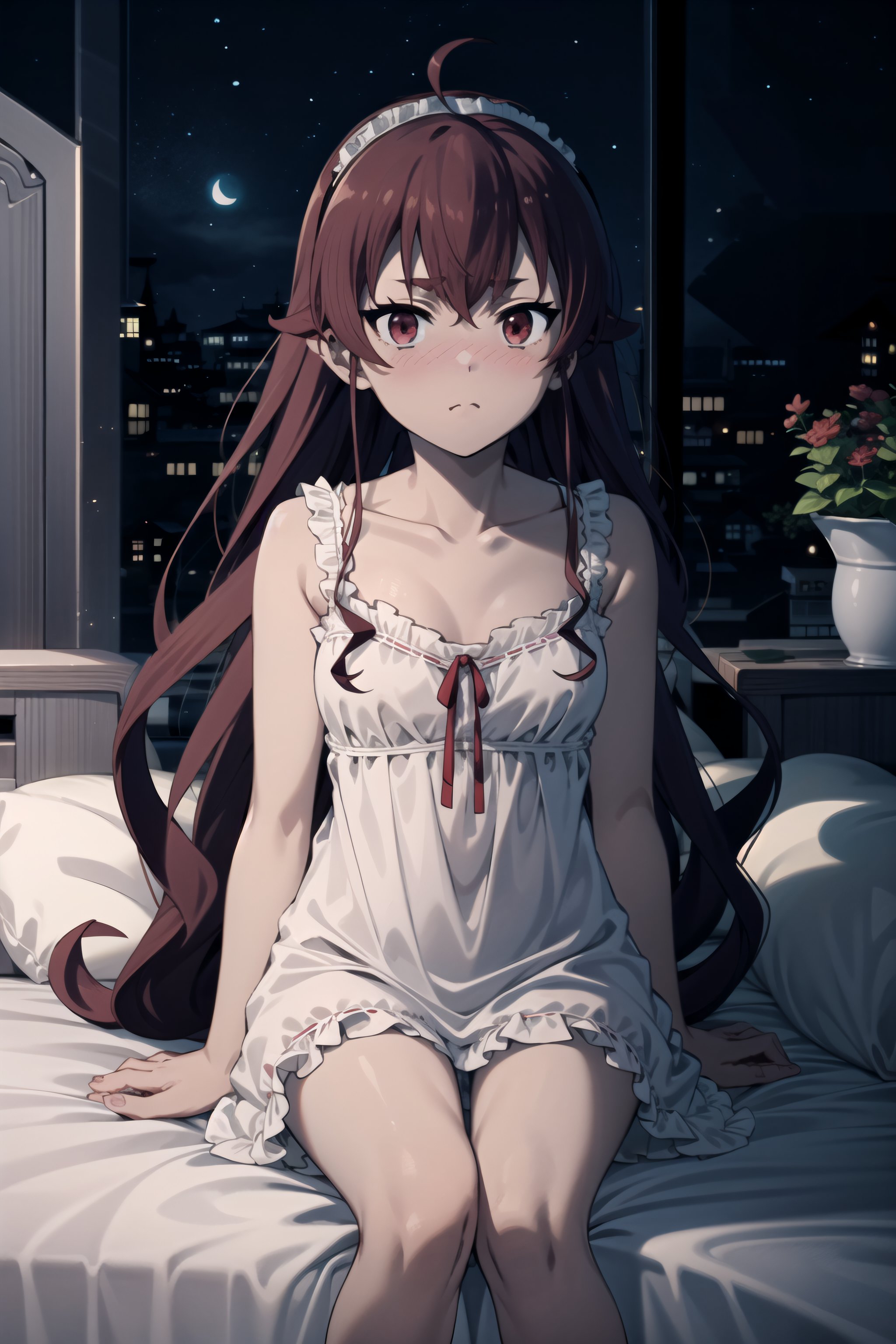 best quality, masterpiece, detailed, medieval,<lora:chara_MushokuTensei_ErisBoreasGreyrat:0.8>, eris boreas greyrat,closed mouth, nose blush,long hair, red hair, ahoge, red eyes, black hairband,nightgown, frills, bare shoulders, collarbone, sleeveless,sitting, on bed, looking at the viewer,indoors, window, night,  <lora:night-r:0.3>