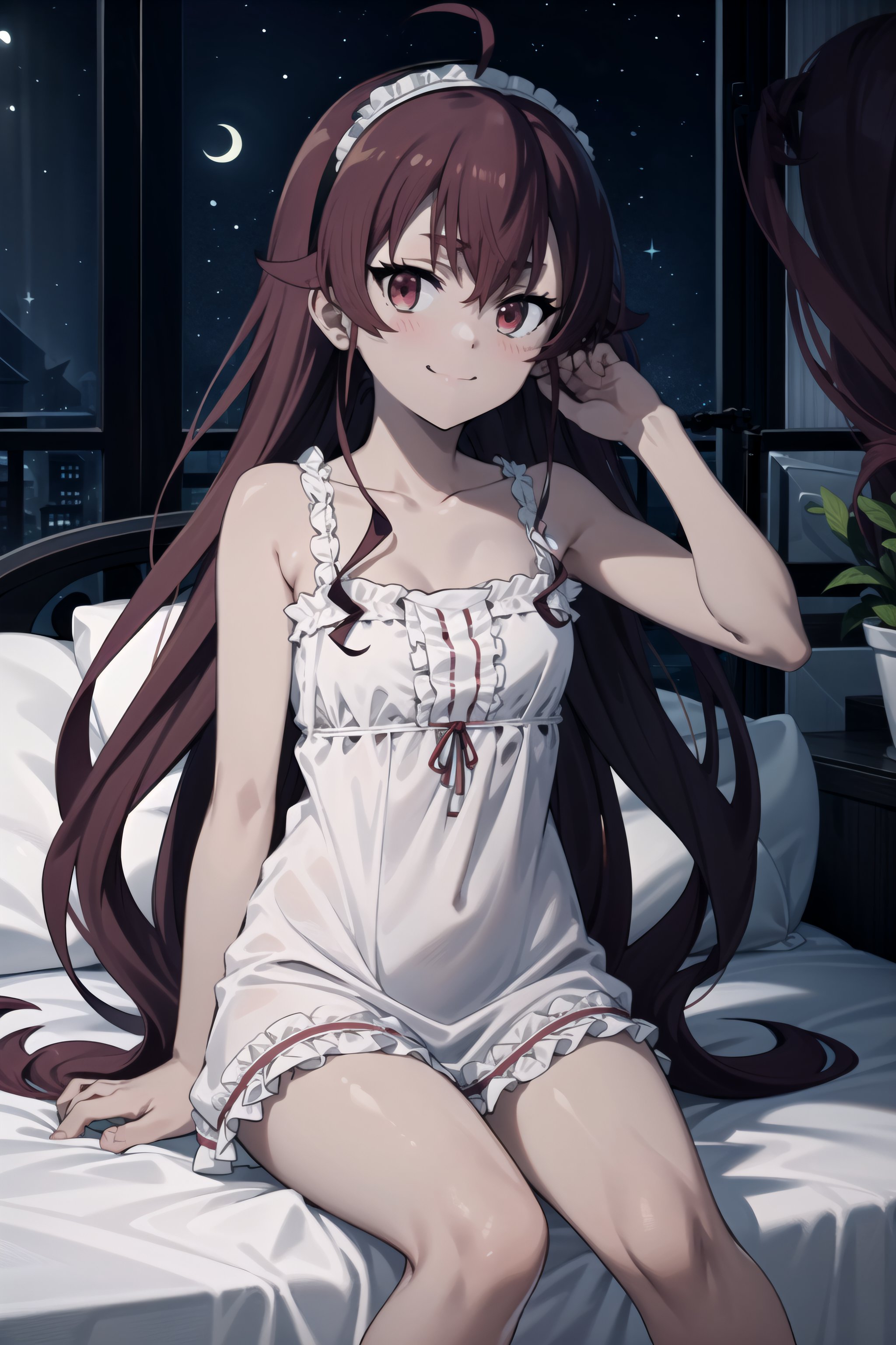 best quality, (masterpiece:1.2), detailed,<lora:chara_MushokuTensei_ErisBoreasGreyrat:0.8>, eris boreas greyrat,closed mouth, light smile, light blush,long hair, red hair, ahoge, red eyes, black hairband,nightgown, frills, bare shoulders, collarbone, sleeveless,sitting, on bed, looking at the viewer,indoors, window, night,  <lora:night-r:0.3>