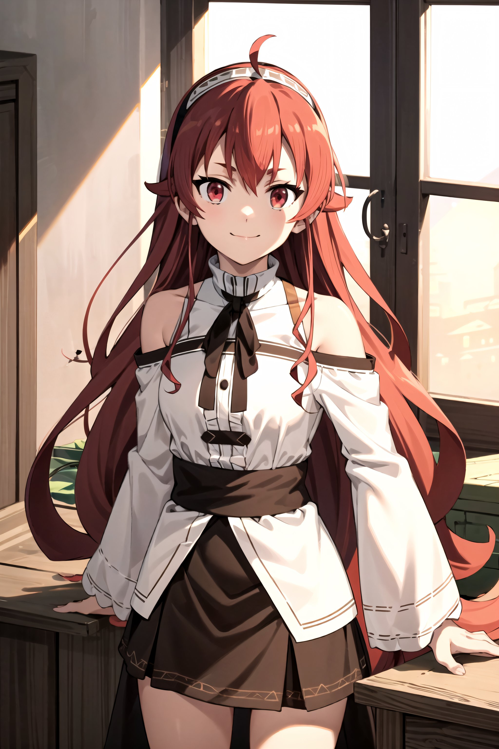 best quality, (masterpiece:1.2), detailed,<lora:chara_MushokuTensei_ErisBoreasGreyrat:0.8>,closed mouth, light smile,long hair, red hair, ahoge, red eyes, black hairband,white dress, bare shoulders, neck ribbon, black ribbon, dark brown skirt, long sleeves,standing, looking at the viewer,indoors, window