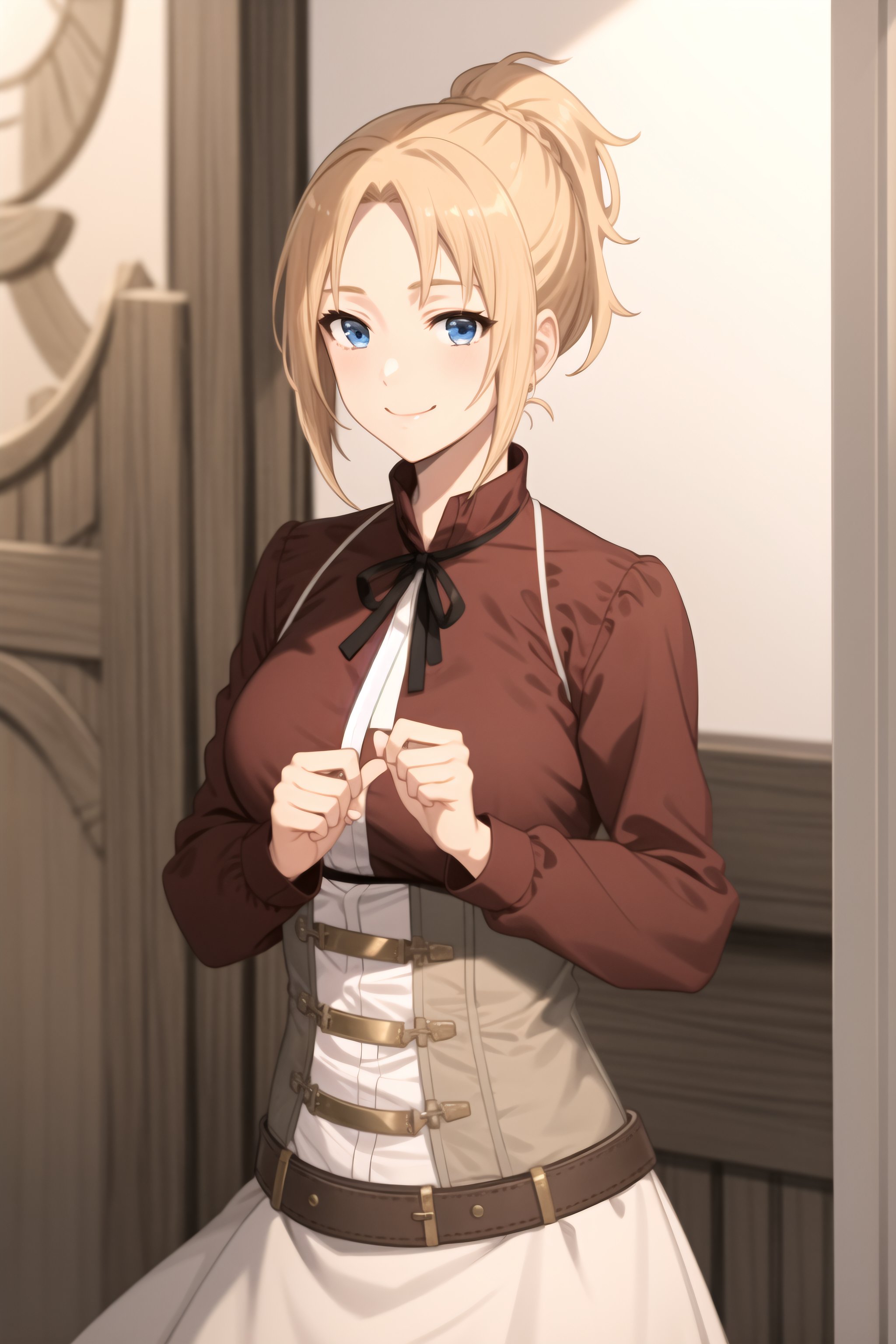 best quality, (masterpiece:1.2), detailed,<lora:chara_MushokuTensei_ZenithGreyrat:0.8>,1girl, solo, mature, closed mouth, smile,ponytail, long hair, blonde hair, blue eyes,red shirt, long sleeves, white corset, grey skirt, belt,looking at the viewer,indoors, night