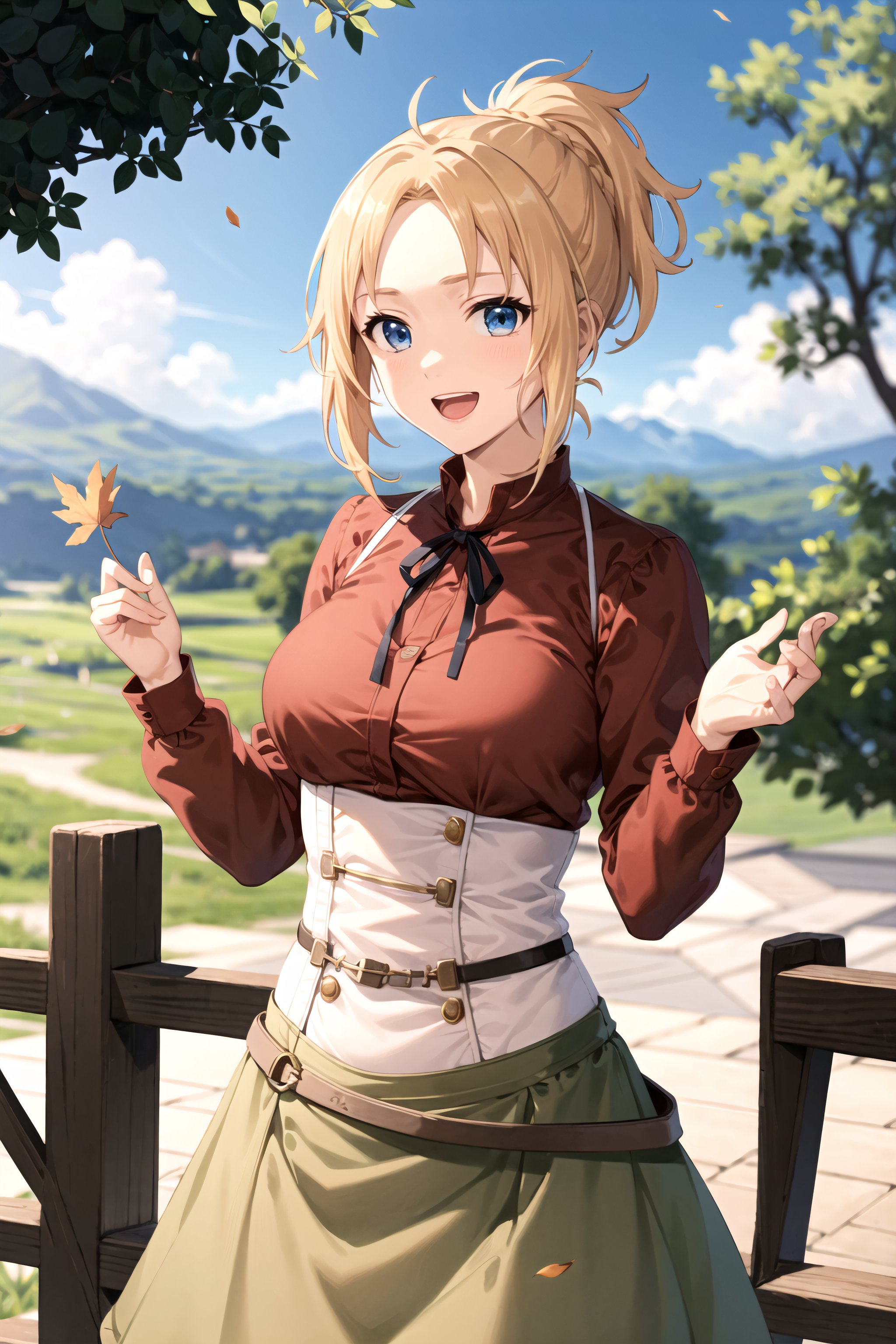 best quality, (masterpiece:1.2), detailed, anime coloring,<lora:chara_MushokuTensei_ZenithGreyrat:0.8>,mature, open mouth, light smile,ponytail, long hair, blonde hair, blue eyes,red shirt, long sleeves, corset, grey skirt, belt,looking at the viewer,tree, grass, wooden fence, falling leaves