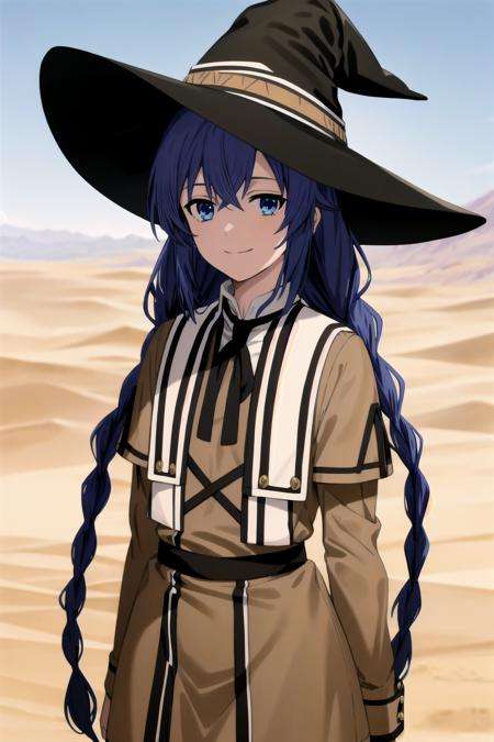 best quality, (masterpiece:1.2), detailed,<lora:chara_MushokuTensei_RoxyMigurdia_v1:0.8>,1girl, solo, closed mouth, light smile,twin braids, long hair, blue hair, blue eyes,brown dress, neck ribbon, black ribbon, witch hat, black hat,standing, looking at the viewer,outdoors, desert