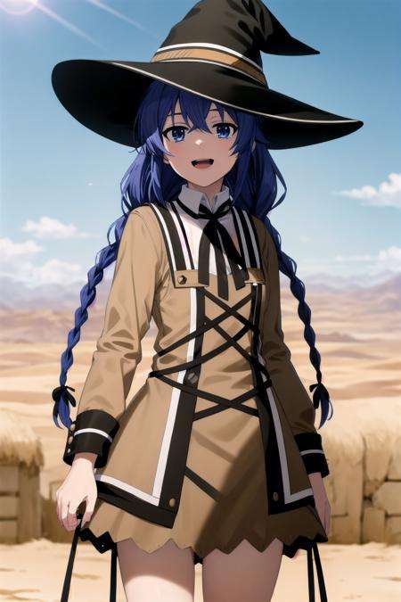 best quality, (masterpiece:1.2), detailed,<lora:chara_MushokuTensei_RoxyMigurdia_v1:0.8>,1girl, solo, open mouth, light smile,twin braids, long hair, blue hair, blue eyes,brown dress, neck ribbon, black ribbon,  witch hat, black hat,standing, looking at the viewer,outdoors, desert, sun