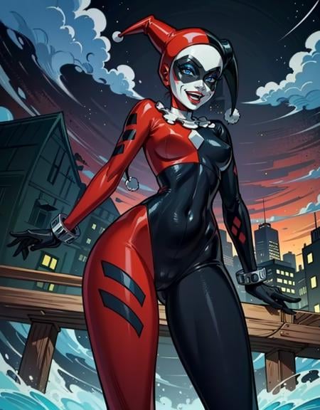 (HarleyWaifu:1), (blue eyes, mask, domino mask, hat, bodysuit, jester cap, makeup, facepaint, gloves), (makeup), curvy, looking at viewer, evil smile, :D, leaning forward, cute pose,  from below, (detailed landscape, city, dirt alley, smoke:1.2), (background:1), (dynamic_angle:1.2), (dynamic_pose:1.2), (rule of third_composition:1.3), (dynamic_perspective:1.2), (dynamic_Line_of_action:1.2), solo, wide shot,(masterpiece:1.2), (best quality, highest quality), (ultra detailed), (8k, 4k, intricate), (full-body-shot:1), (Cowboy-shot:1.2), (50mm), (highly detailed:1.2),(detailed face:1.2), detailed_eyes,(gradients),(ambient light:1.3),(cinematic composition:1.3),(HDR:1),Accent Lighting,extremely detailed,original, highres,(perfect_anatomy:1.2), <lora:HarleyQueenOld_character-10:0.8>