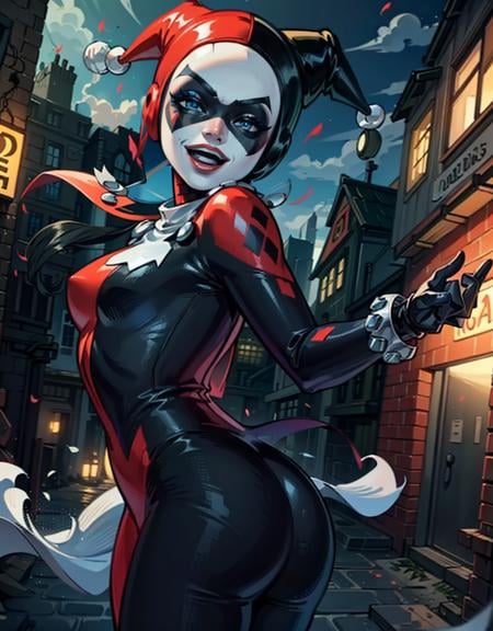 (HarleyWaifu:1), (blue eyes, mask, domino mask, hat, bodysuit, jester cap, makeup, facepaint, gloves), (makeup), curvy, looking at viewer, evil smile, :D, leaning forward, cute pose,  from below, (detailed landscape, city, dirt alley, smoke:1.2), (background:1), (dynamic_angle:1.2), (dynamic_pose:1.2), (rule of third_composition:1.3), (dynamic_perspective:1.2), (dynamic_Line_of_action:1.2), solo, wide shot,(masterpiece:1.2), (best quality, highest quality), (ultra detailed), (8k, 4k, intricate), (full-body-shot:1), (Cowboy-shot:1.2), (50mm), (highly detailed:1.2),(detailed face:1.2), detailed_eyes,(gradients),(ambient light:1.3),(cinematic composition:1.3),(HDR:1),Accent Lighting,extremely detailed,original, highres,(perfect_anatomy:1.2), <lora:HarleyQueenOld_character-10:0.8>