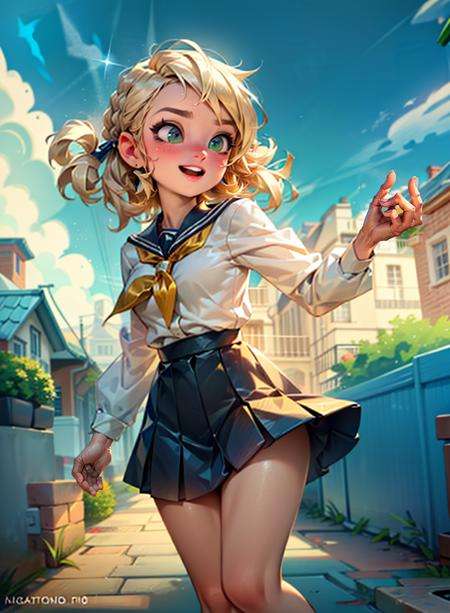 (girl riding a bike in a beautiful road), (school uniform, blonde hair, green eyes, skirt, shoes), smile, :D,(fantasy, nostalgia, colorful, sky, vlouds and leafs around, Magic:1.2), from below, looking at viewer,(detailed landscape:1.2), (background:1), (dynamic_angle:1.2), (dynamic_pose:1.2), (rule of third_composition:1.3), (dynamic_perspective:1.2), (dynamic_Line_of_action:1.2), solo, wide shot,(masterpiece:1.2), (best quality, highest quality), (ultra detailed), (8k, 4k, intricate),(full-body-shot:1), (Cowboy-shot:1.2), (50mm), (highly detailed:1.2),(detailed face:1.2), detailed_eyes,(gradients),(ambient light:1.3),(cinematic composition:1.3),(HDR:1),Accent Lighting,extremely detailed,original, highres,(perfect_anatomy:1.2),