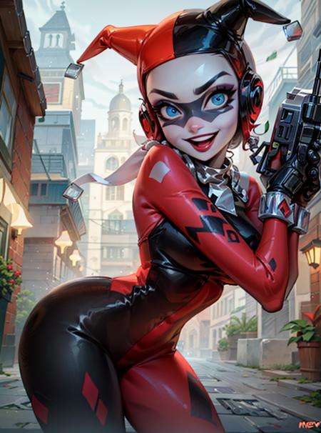 (HarleyWaifu shooting a gun:1), (blue eyes, mask, domino mask, hat, bodysuit, jester cap, makeup, facepaint, gloves), (makeup), curvy, looking at viewer, evil smile, :D, leaning forward, cute pose, from below,(detailed landscape, bank, moeny, dollars:1.2), (background:1), (dynamic_angle:1.2), (dynamic_pose:1.2), (rule of third_composition:1.3), (dynamic_perspective:1.2), (dynamic_Line_of_action:1.2), solo, wide shot,(masterpiece:1.2), (best quality, highest quality), (ultra detailed), (8k, 4k, intricate),(full-body-shot:1), (Cowboy-shot:1.2), (50mm), (highly detailed:1.2),(detailed face:1.2), detailed_eyes,(gradients),(ambient light:1.3),(cinematic composition:1.3),(HDR:1),Accent Lighting,extremely detailed,original, highres,(perfect_anatomy:1.2),<lora:HarleyQueenOld_character-10:0.8> 