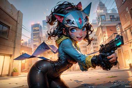 (1girl shooting a gun:1), (blue eyes, mask, domino mask, hat, bodysuit, jester cap, makeup, facepaint, gloves), (makeup), curvy, looking at viewer, evil smile, :D, leaning forward, cute pose, from below,(detailed landscape, bank, money, dollars:1.2), (background:1), (dynamic_angle:1.2), (dynamic_pose:1.2), (rule of third_composition:1.3), (dynamic_perspective:1.2), (dynamic_Line_of_action:1.2), solo, wide shot,(masterpiece:1.2), (best quality, highest quality), (ultra detailed), (8k, 4k, intricate),(full-body-shot:1), (Cowboy-shot:1.2), (50mm), (highly detailed:1.2),(detailed face:1.2), detailed_eyes,(gradients),(ambient light:1.3),(cinematic composition:1.3),(HDR:1),Accent Lighting,extremely detailed,original, highres,(perfect_anatomy:1.2),