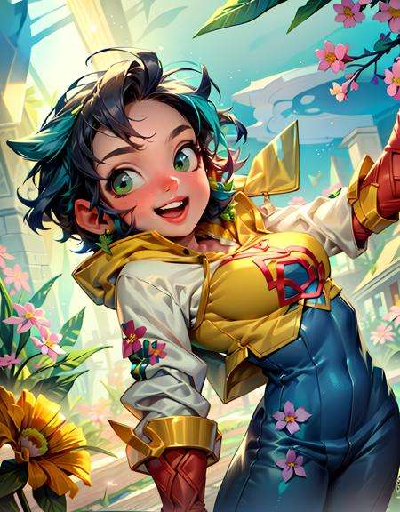 (cute girl holding a bunch of flowers in a flower garden), (hoodie, blue hair, green eyes, cute clothes), smile, :D,(fantasy, nostalgia, colorful, flowers and leafs around, Magic:1.2), from below, looking at viewer,(detailed landscape:1.2), (background:1), (dynamic_angle:1.2), (dynamic_pose:1.2), (rule of third_composition:1.3), (dynamic_perspective:1.2), (dynamic_Line_of_action:1.2), solo, wide shot,(masterpiece:1.2), (best quality, highest quality), (ultra detailed), (8k, 4k, intricate),(full-body-shot:1), (Cowboy-shot:1.2), (50mm), (highly detailed:1.2),(detailed face:1.2), detailed_eyes,(gradients),(ambient light:1.3),(cinematic composition:1.3),(HDR:1),Accent Lighting,extremely detailed,original, highres,(perfect_anatomy:1.2),