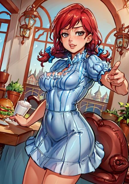 (WendysWaifu:1), restaurant, breast focus, cute, skirt lift, small breasts, (realistic:1.2), (realism), (masterpiece:1.2), (best quality), (ultra detailed), (8k, 4k, intricate),(full-body-shot:1),(Cowboy-shot:1.2), (85mm),light particles, lighting, (highly detailed:1.2),(detailed face:1.2), (gradients), sfw,(detailed ladscape, house, bedroom, furniture:1.2),(detailed background),detailed landscape, (dynamic angle:1.4), (dynamic pose:1.2), (rule of third_composition:1.3), (Line of action:1.2), wide shot, solo, <lora:wendys_character-20:0.6>  <lora:reiqStyleLORA_v2:0.7>