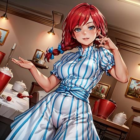 (WendysWaifu:1), restaurant, breast focus, cute, (realistic:1.2), (realism), (masterpiece:1.2), (best quality), (ultra detailed), (8k, 4k, intricate),(full-body-shot:1),(Cowboy-shot:1.2), (85mm),light particles, lighting, (highly detailed:1.2),(detailed face:1.2), (gradients), sfw,(detailed ladscape, house, bedroom, furniture:1.2),(detailed background),detailed landscape, (dynamic angle:1.4), (dynamic pose:1.2), (rule of third_composition:1.3), (Line of action:1.2), wide shot, solo, <lora:wendys_character-20:0.7>