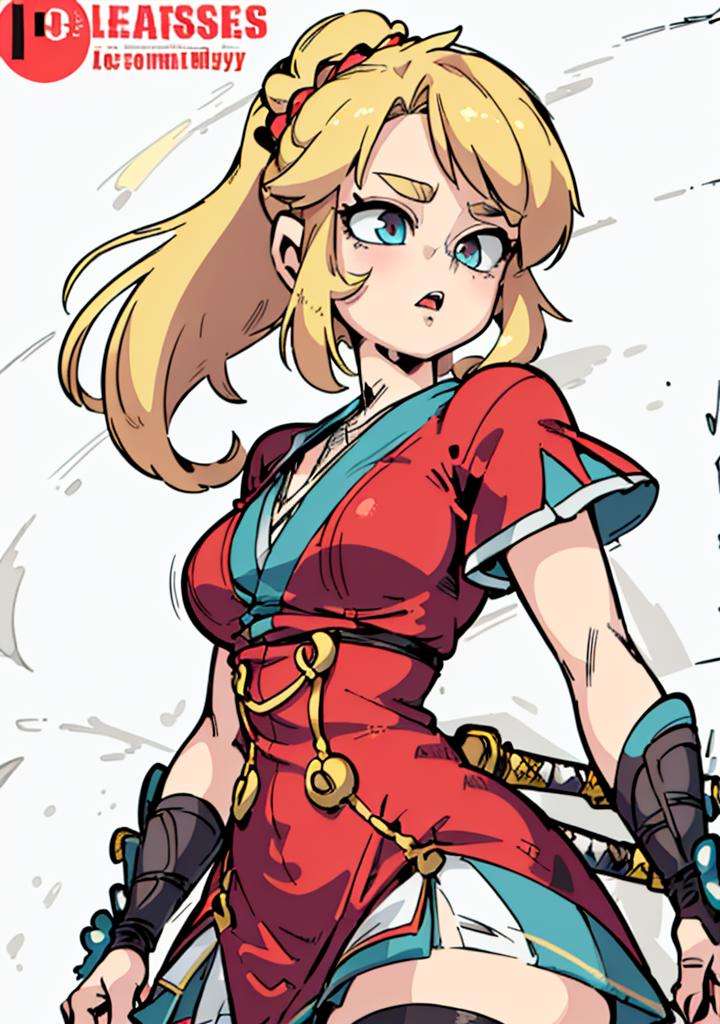 1girl, cute, blonde hair, long hair, (samurai armor, sword, katana, red clothes), (red short dress, black legwear:1.2),  cute pose, (curvy:1.4),(masterpiece:1.2), (best quality, highest quality), (ultra detailed), (8k, 4k, intricate),(full-body-shot), (Cowboy-shot:1.4), (50mm), (highly detailed:1.2),(detailed face:1.2), detailed_eyes,(gradients),(ambient light:1.3),(cinematic composition:1.3),(HDR:1),Accent Lighting,extremely detailed CG unity 8k wallpaper,original, highres,(perfect_anatomy:1.2),(white background:1.4), (simple background), (dynamic_angle:1.2), (dynamic_pose:1.2), (rule of third_composition:1.3), (dynamic_perspective:1.2), (dynamic_Line_of_action:1.2), <lora:Diives_style-20:0.8>