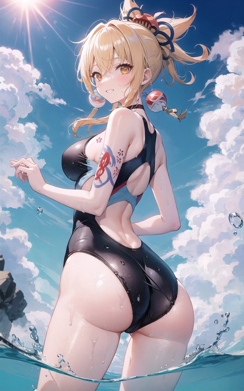 masterpiece, best quality,  ,1girl, swimsuit, breasts, ass, solo, yoimiya (genshin impact), one-piece swimsuit, blonde hair, smile, large breasts, looking at viewer, white one-piece swimsuit, sky, tattoo, looking back, thighs, day, grin, blush, outdoors, ponytail, blue sky, bangs, sideboob, water, arm tattoo, hair ornament, cloud, bare shoulders, choker, rainbow, from behind, back, red choker, partially underwater shot, cowboy shot, bare arms, wet, wading, sidelocks, parted lips, orange eyes, sunlight, hair between eyes, yellow eyes, highleg, adjusting swimsuit, standing, long hair, ahoge, adjusting clothes, highleg swimsuit, ocean, ribbon, water drop, bubble, chest tattoo, teeth, bare back, shoulder tattoo,yoimiya \(genshin impact\)