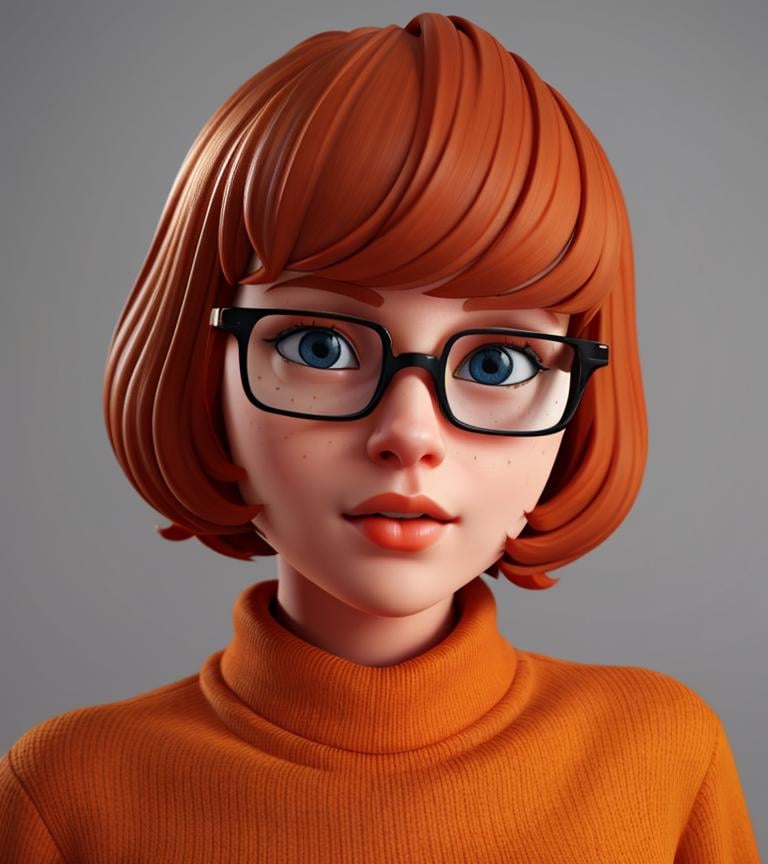 <lora:VRAMsVelmaDaphne640:0.5>, xyzvelma, 1girl, beautiful, orange hair, glasses, orange sweater, bob cut, portrait, closeup, 3d model, cycles render, looking at viewer