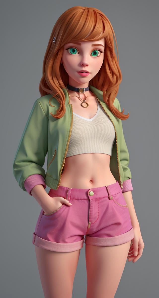 <lora:VRAMsVelmaDaphne640:0.5>, xyzdaphne, 1girl, beautiful, portrait, closeup, cycles render, ginger hair, trendy clothes, bubblegum, jacket, midriff, choker, wavy hair, shorts, green eyes