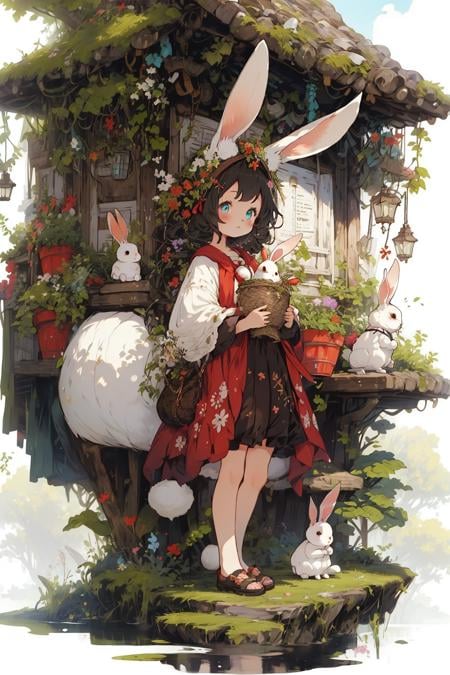 best quality,masterpiece,illustration,1girl,solo,full body,Blank background,(Fantasy world style:1.1),(Animal ear:1.1),tail,(Cute style:1.1),(Rabbit:1.2),