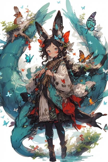best quality,masterpiece,illustration,1girl,solo,full body,Blank background,(Fantasy world style:1.1),(Animal ear:1.1),tail,(Cute style:1.1),fish,dragon,The bird,The cat,Rabbit,Mouse,Butterfly,Fox,downy,