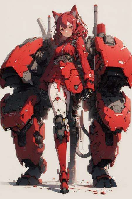 best quality,masterpiece,illustration,1girl,solo,full body,cat ear,Mecha,Blank background,(Minor machinery:1.1),(Mechanical leg:1.1),Human thigh,Red hair,Red tone,
