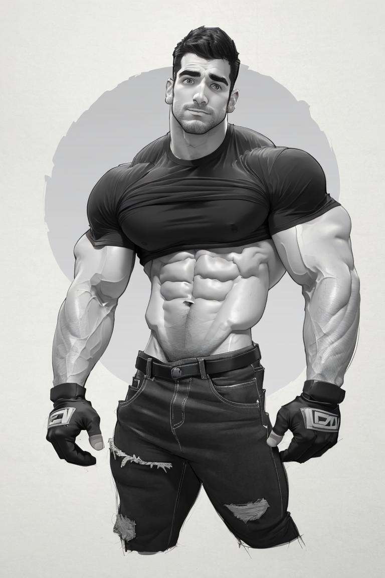 masterpiece, best quality, sketch, solo, facial hair, 1boy, muscular, bara, mature male, taut shirt, short hair, large pectorals, tight shirt, monochrome, fingerless gloves, covered abs, stubble, looking at viewer, pants, cropped legs, thick eyebrows, biceps, greyscale