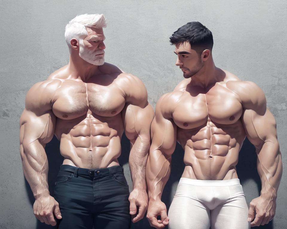 masterpiece, best quality, muscular, abs, bara, multiple boys, large pectorals, 2boys, pectorals, topless male, nipples, pants, white hair, yaoi, navel, short hair, white male underwear, beard, bulge, looking at another, thick thighs, kabedon, age difference, black hair, eye contact, biceps, couple