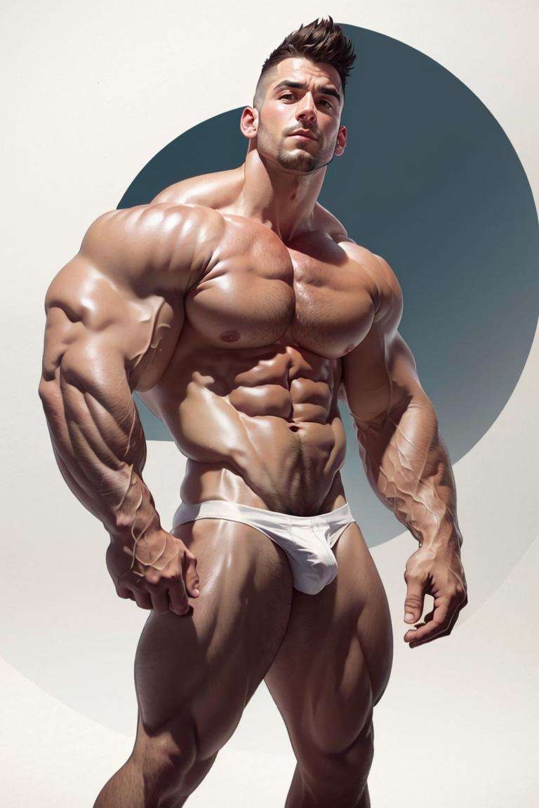 (masterpiece, best quality), 1boy, bara, mature male, old, stubble, cleft chin, wear (white thong), male bulge, stubble, high fade haircut, chubby chest, abs, look at viewer, eyes opened, standing, (bokeh background:1.1), <lora:add_detail:0.3> ,<lora:epiNoiseoffset_v2:1>, <lora:Silverjow Style v3:1>