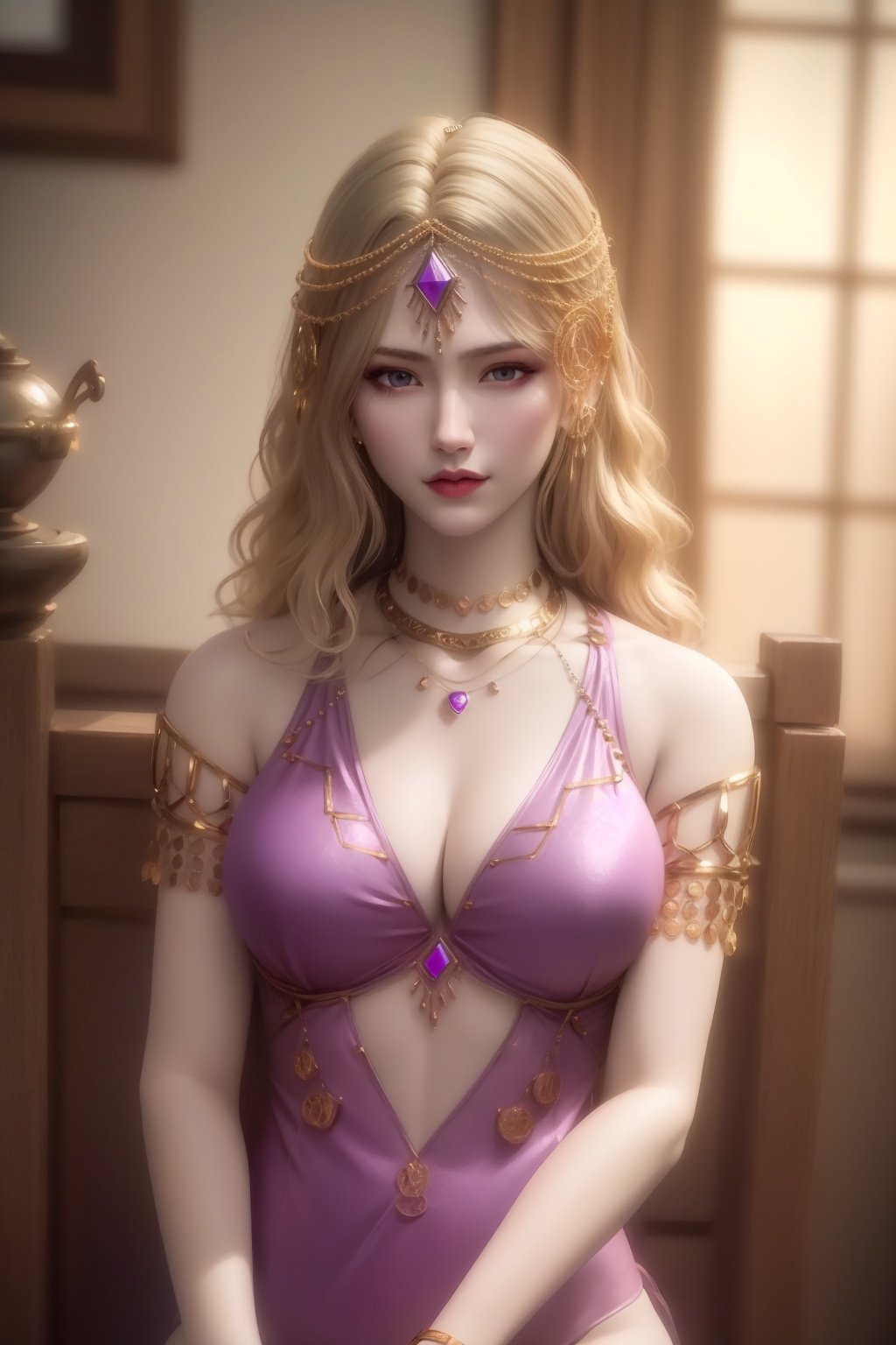 masterpiece,(best quality:1.2),official art,extremely detailed cg 8k wallpaper,((crystalstexture skin)),(extremely delicate and beautiful),queen,super crown,1gir,solo,looking_at_viewer,long_hair,lips,necklace,jewelry,hair ornament,day,Thigh gap,,upper body,symmetrical docking,collared shirt,adjusting bra,side-tie panties,sitting ,Lean forward,<lora:hipoly_3dcg_v7-epoch-000012:0.3:NF>,<lora:sy_卡丹_2.1:0.7>