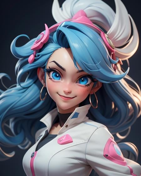 (masterpiece:1.5), (best quality:1.5), 3dmm,highres, highly detailed,3DG,1girl, big blue eyes, long blue hair, white headgear, smiling, looking at viewer, cute and girly\(idolmaster\), 3d rendering, octane rendering, subsurface scattering skin, soft and bright lighting, clear focus, clean background, perfect face, perfect eyes,