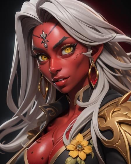 (masterpiece:1.5), (best quality:1.5), highres, highly detailed,3DMM,(red skin:1.6),succubus girl,yellow eyes, black pupils ,Scales,black cape, golden floral ornaments, silver hair, gorgeous, diamonds, gemstones, dust, lighting, realistic, surreal, ultra-detailed, simulation style,