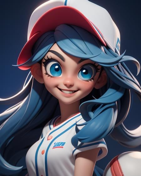 (masterpiece:1.5), (best quality:1.5), highres, highly detailed,3dmm,1girl, big blue eyes, long blue hair, white baseball cap, smiling, looking at viewer, cute and girly\(idolmaster\), 3d rendering, octane rendering, subsurface scattering skin, soft bright lighting, clear focus , clean background, perfect face, perfect eyes,