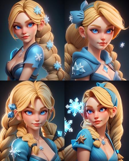 masterpiece, best quality,3d rending work ,3DMM style,close-up,portrait, 3D, 1girl, solo, blonde hair, staff, braid, breasts, twin braids, blue eyes, cleavage, long hair, medium breasts, snowflakes, alternate costume, Crystal Maiden(dota 2, )