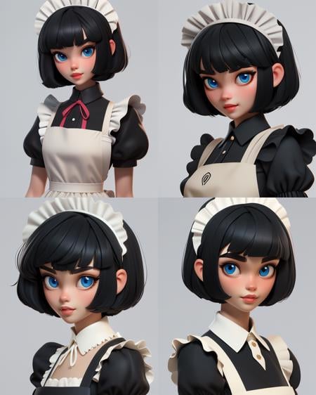 masterpiece, best quality,3d rending work ,3DMM style,close-up,portrait, 3D,1girl, solo, black hair, maid, maid headdress, short hair, bangs, blue eyes, apron, upper body, ribbon, blunt bangs, frills, bob cut, grey background, lips