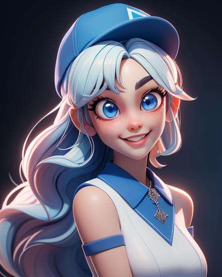 (masterpiece:1.5), (best quality:1.5), highres, highly detailed,3dmm,1girl, big blue eyes, long blue hair, white baseball cap, smiling, looking at viewer, cute and girly\(idolmaster\), 3d rendering, octane rendering, subsurface scattering skin, soft bright lighting, clear focus , clean background, perfect face, perfect eyes,