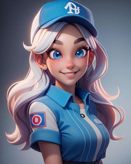 (masterpiece:1.5), (best quality:1.5), highres, highly detailed,3dmm,1girl, big blue eyes, long blue hair, white baseball cap, smiling, looking at viewer, cute and girly\(idolmaster\), 3d rendering, octane rendering, subsurface scattering skin, soft bright lighting, clear focus , clean background, perfect face, perfect eyes,