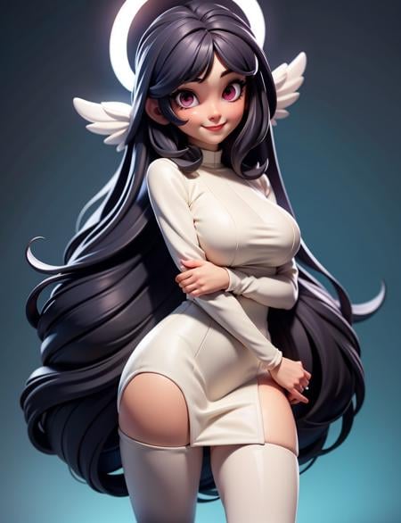 masterpiece,best quality,3dmm style,hinata(blue archive), large breasts, red eyes, solo,habit, nun, prayer pose, long hair,  halo, blush,  asymmetrical bangs, looking at viewer,  smile,, 1girl, black hair, very long hair, hair over one eye, bare legs, cross, closed mouth , white pantyhose, white legwear