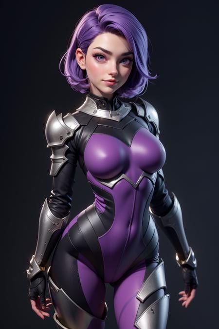 3dmm style,a nude portrait of a giant [seductress|babe] , science fiction, [(crNanosuit|War_Glam)::0.5], [power armor|armor] ,armored, wearing [(crNanosuit|War_Glam)::0.5]_breastplate, perfect face, pretty face, purple eyes, purple hair, very short hair, flat chest, lush detail, absurdres,