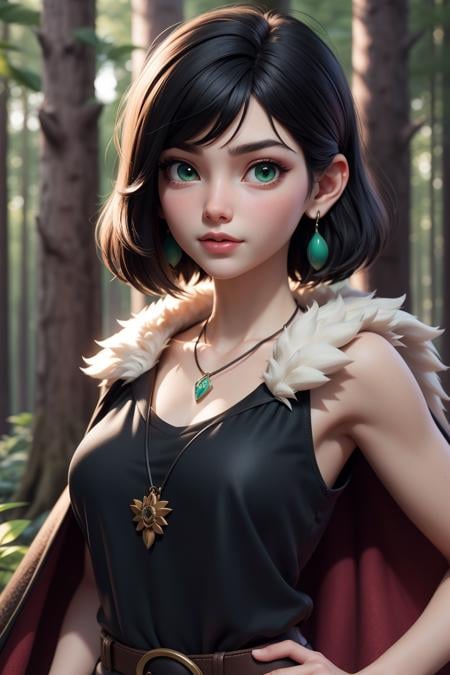 mj3d style,3dmm,3d,(masterpiece, best quality:1.1), ghibli style, san \(mononoke hime\), 1girl, armlet, bangs, black hair, black undershirt, breasts, cape, circlet, earrings, facepaint, floating hair, forest, fur cape, green eyes, jewelry, looking at viewer, medium breasts, nature, necklace, outdoors, parted bangs, shirt, short hair, sleeveless, sleeveless shirt, solo, tooth necklace, tree, upper body, white shirt