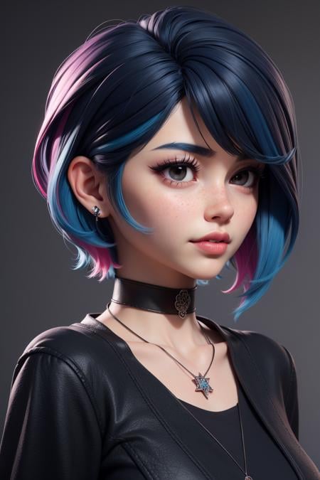 masterpiece, best quality,3d rending work ,3DMM style,close-up,portrait, 3D,1girl, solo, multicolored hair, blue hair, black hair, necklace, freckles, jewelry, two-tone hair, looking to the side, realistic, upper body, simple background, bangs, looking away, short hair, parted lips, black eyes, lips, gothic, choker, makeup, mole, black shirt, shirt, watermark