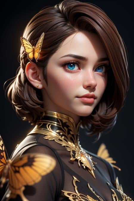 3dmm style,8k portrait of beautiful cyborg with brown hair, intricate, elegant, highly detailed, majestic, digital photography, art by artgerm and ruan jia and greg rutkowski surreal painting gold butterfly filigree, broken glass, (masterpiece, sidelighting, finely detailed beautiful eyes: 1.2), hdr,