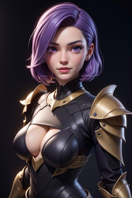 3dmm style,a nude portrait of a giant [seductress|babe] , science fiction, [(crNanosuit|War_Glam)::0.5], [power armor|armor] ,armored, wearing [(crNanosuit|War_Glam)::0.5]_breastplate, perfect face, pretty face, purple eyes, purple hair, very short hair, flat chest, lush detail, absurdres,