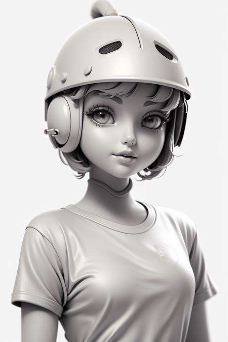 Gray clay style,(masterpiece, best quality), Grayscale，monochrome, 1girl, solo, greyscale, shirt, short hair, simple background, no humans, white background, helmet, t-shirt