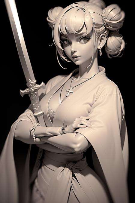 Gray clay style,(masterpiece, best quality), Grayscale，monochrome, 1girl, greyscale, japanese clothes, sword, weapon, hair bun, double bun, kimono, jewelry, bangs, black background, sash, cross, necklace, crossed arms, looking at viewer, simple background, parted lips, holding