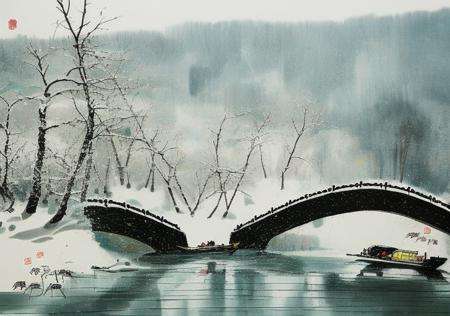 wyy style, A painting about the scenery of Winter scenery, A picture, a small boat in the river,traditional media, watercraft, boat, water, 1girl, painting (medium), solo, no humans,snowing