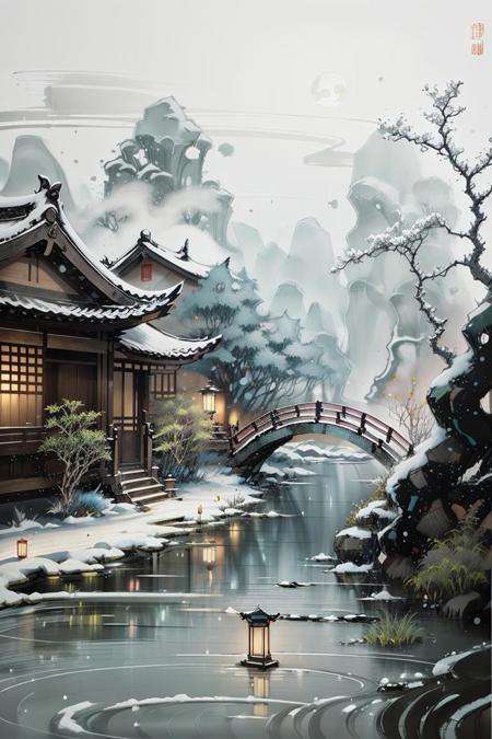 masterpiece,best quality,Chinese martial arts style,an snowing asian night scene with lanterns and water lilies,asian pond with many lanterns and boatsa night scene with many lights and boats in the water, snowflakes ,Lake surface, lotus flowers,beautiful night scene,(((Chinese martial arts style))), with vast sky, continuous mountains and steep cliffs, ink wash style, outline light, atmospheric atmosphere, depth of field, mist rising, bamboo, pine trees, octagonal stone pavilion, waterfall flowing water,big full moon,(No color) , Monochrome, light color,