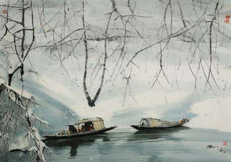 wyy style, A painting about the scenery of Winter scenery, A picture, a small boat in the river,traditional media, watercraft, boat, water, 1girl, painting (medium), solo, no humans,snowing