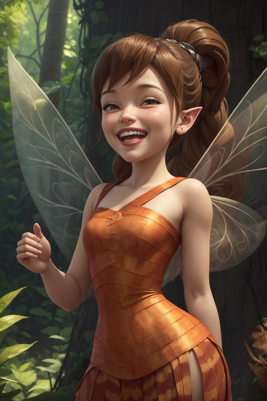 masterpiece, 8k, perfect ligthing, , adult, female, cowboy shot, looking at viewer, cinematic lighting, Fawn, (FawnWaifu:1.1), single ponytail, extra long ponytail, dress, (extra long white fairy wings), long wings, brown clothes, clothes made from leaves, brown hair, pointy ears, (detailled eyes), shrunken, trapped, (laughing:1.7),  blush, pixiedust, jungle, treehouse,  <lora:FawnTinkerbellDisney-08:0.6>  <lora:realisticGlossyFaceSkin_rseromanticRsesofiko:0.3><hypernet:empty:0.5>