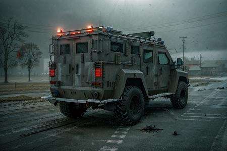 analog gloomy photo of a SWAT lenco bearcat armored car,  <lora:sw4tb34rc4t:1>, rear view, ((zombie apocalypse:1.2)), ((surrounded by crows:1.0)), (living dead), ((winter)), ((snow)), (horror movie), ((nighttime)), a deserted city, ruins, abandoned buildings, High Detail, Sharp focus, (photorealism), realistic, best quality, 8k, award winning, dramatic lighting, epic, cinematic, masterpiece, rim light, ambient fog:1.2, dutch angle, depth of field, 