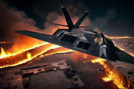 analog gloomy aerial photo of a stealth bomber, <lora:n1ghth4wk:1>, ((nighttime)), (explosions on the ground:1.1), ((fire)), city ruins, High Detail, Sharp focus, (photorealism), realistic, best quality, 8k, award winning, dramatic lighting, epic, cinematic, masterpiece, rim light, action movie, war, 