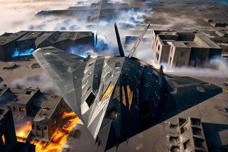 analog gloomy aerial photo of a nighthawk stealth bomber, <lora:n1ghth4wk:1>, ((nighttime)), rear view, (explosions on the ground:1.1), ((fire)), decayed city, city ruins, High Detail, Sharp focus, (photorealism), realistic, best quality, 8k, award winning, dramatic lighting, epic, cinematic, masterpiece, rim light, action movie, war, 