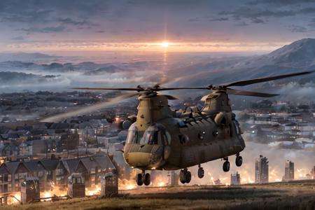 analog gloomy aerial photo of a black (Chinook helicopter, <lora:ch1n00k:0.8>), ((nighttime)), (flying low through a (city on fire)), city ruins, (urban combat), ((explosions in the background)), High Detail, Sharp focus, (photorealism), realistic, best quality, 8k, award winning, dramatic lighting, epic, cinematic, masterpiece, rim light, (action movie), ambient fog:1.5, war,  depth of field, dutch angle, motion blur, 